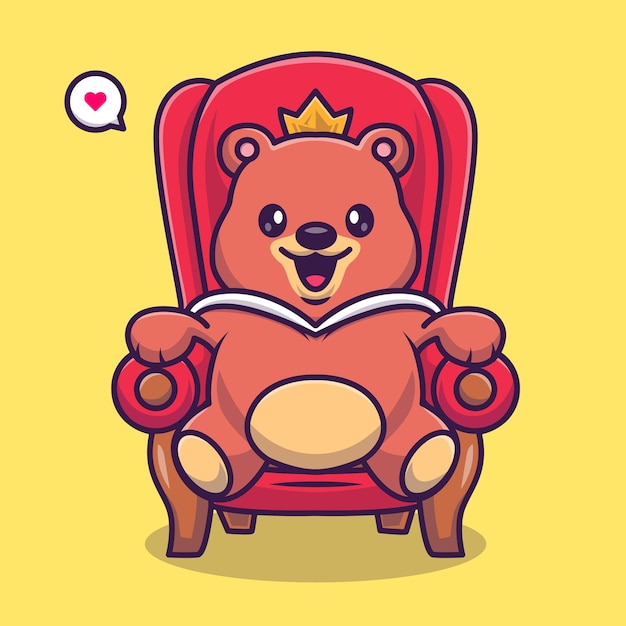 Cute bear king sitting on the royal chair cartoon vector icon illustration animal nature isolated