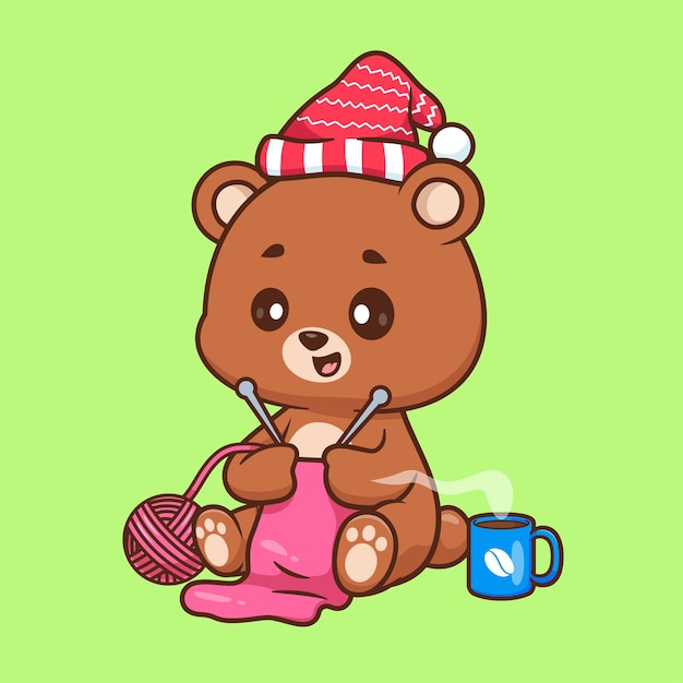 Cute bear knitting fabric with coffee cartoon vector icon illustration animal drink isolated flat