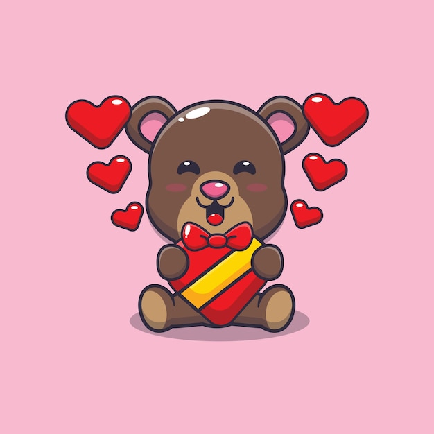 Illustrazione del personaggio dei cartoni animati della mascotte dell'orso carino nel giorno di san valentino