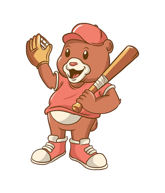 Disegno dell'illustrazione del fumetto della mascotte dell'orso sveglio come giocatore di baseball