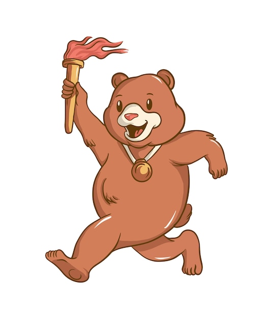 cute bear mascot cartoon illustration design running with a victory torch