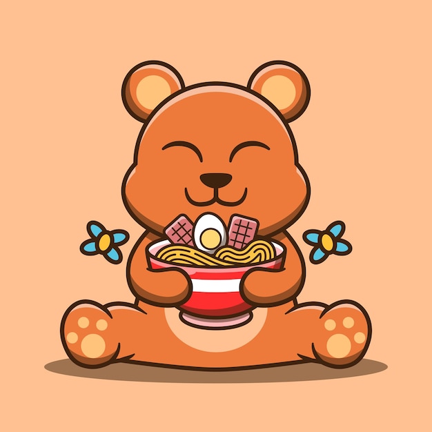 Cute bear mascot hugging ramen noodle vector cartoon illustration