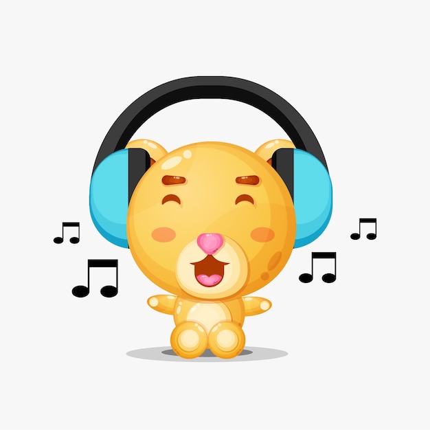 Cute bear mascot listening to music