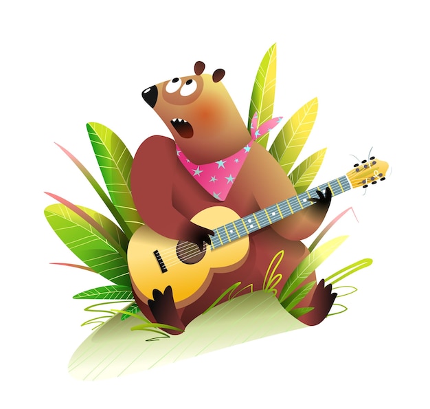 Vector cute bear musician playing guitar and singing song