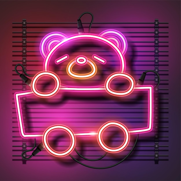 Cute bear neon sign with blank rectangle.