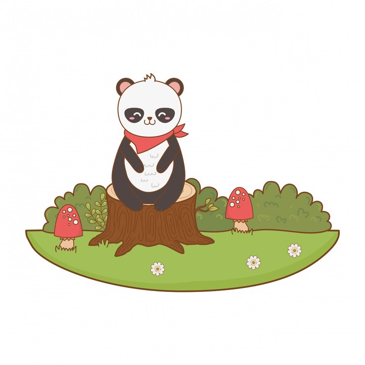 Vector cute bear panda in the field woodland character