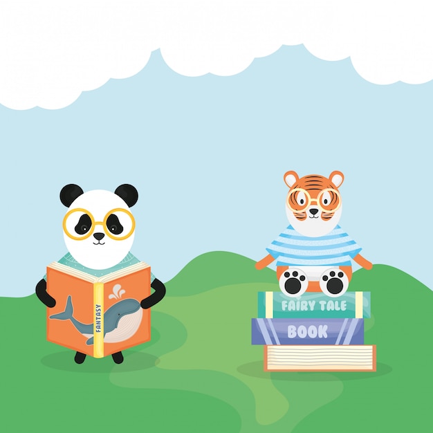 Cute bear panda reading book and tiger in books