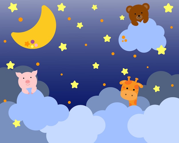 Simpatico orso maiale e giraffa seduto su una nuvola sfondo per bambini con nuvole di stelle di luna