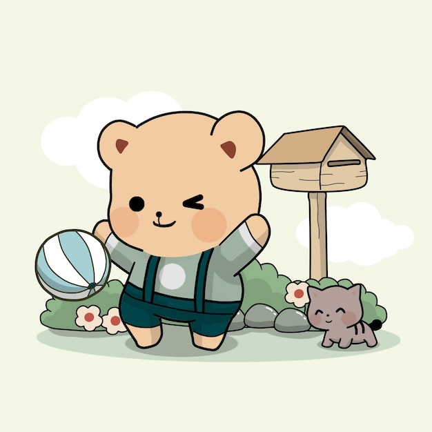 Cute bear playing ball in the yard cartoon art illustration