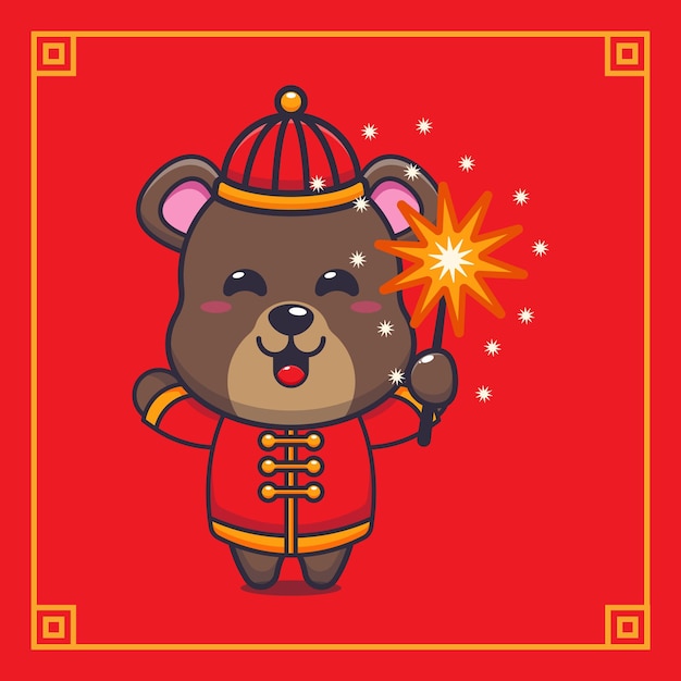 Cute bear playing firework in chinese new year.