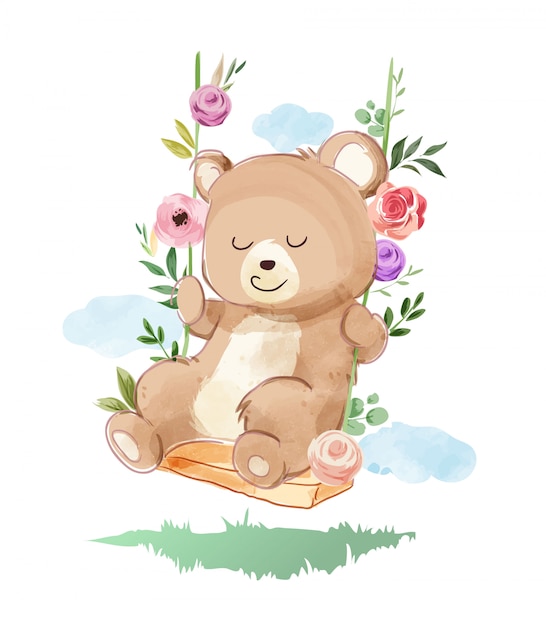 cute bear playing swing with flowers