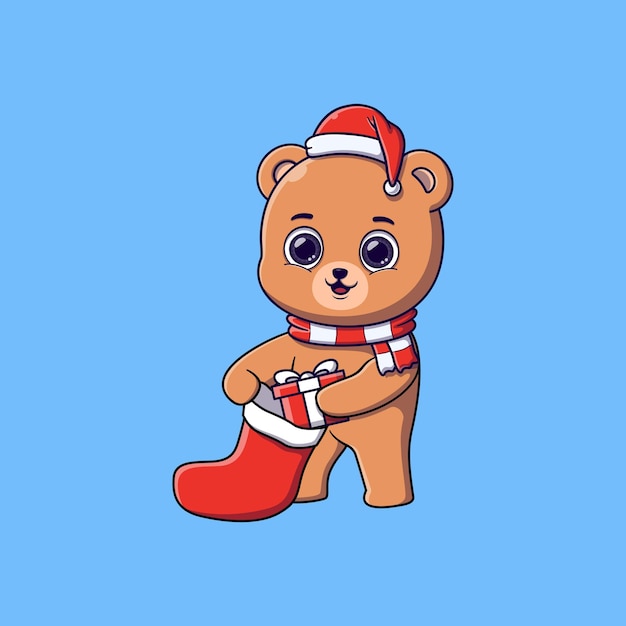 Cute bear putting gift box in Christmas sock