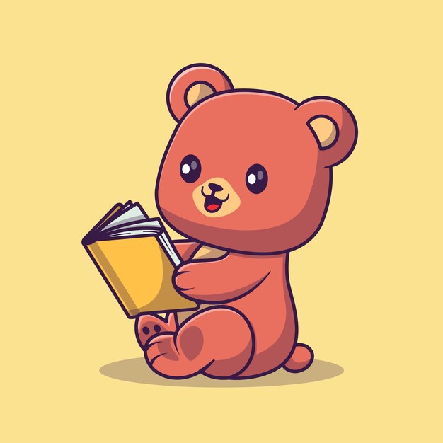 Мультфильм милый медведь читает книгу. концепция значок образования животных изолированы. плоский мультяшный стиль.