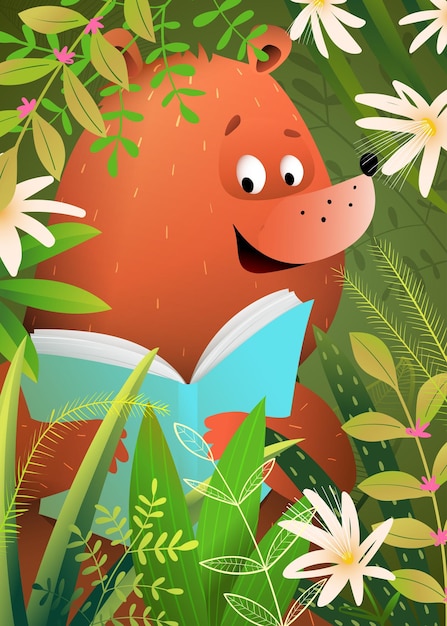 ベクトル 可愛いクマが森で童話本を読んでいる