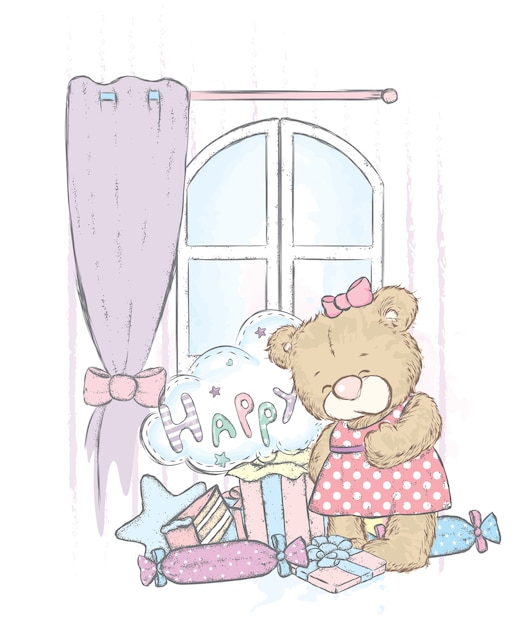 Cute bear in the room with gifts, a large window and curtains. vector illustration.