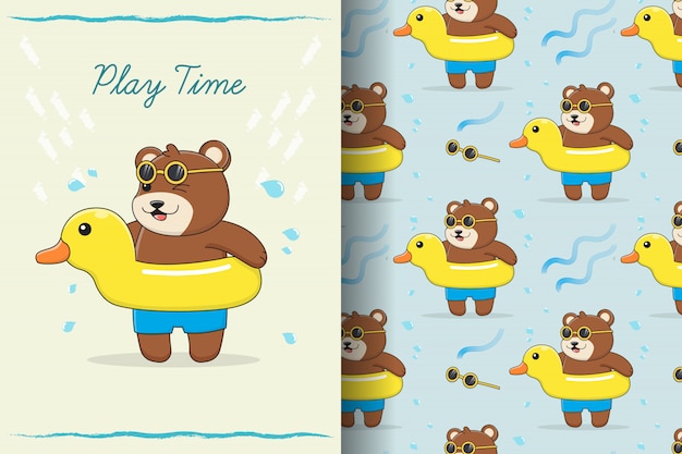 Cute bear rubber duck swim ring seamless pattern and card