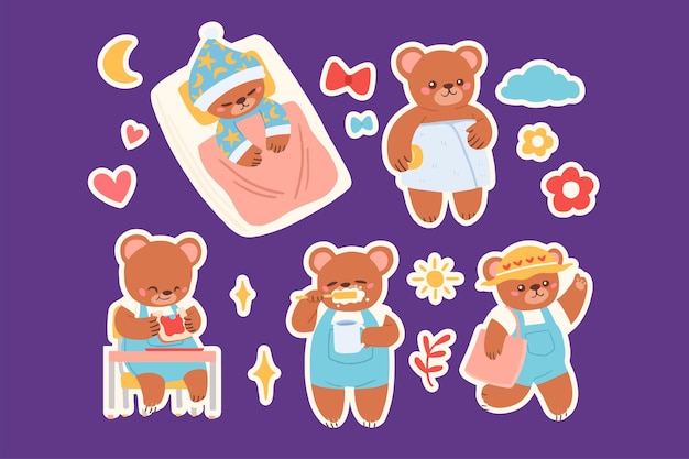 Cute bear's morning routine sticker set