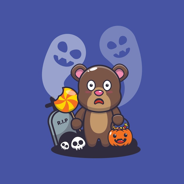 かわいいクマはハロウィーンの日に幽霊に怖がってかわいいハロウィーンの漫画イラスト