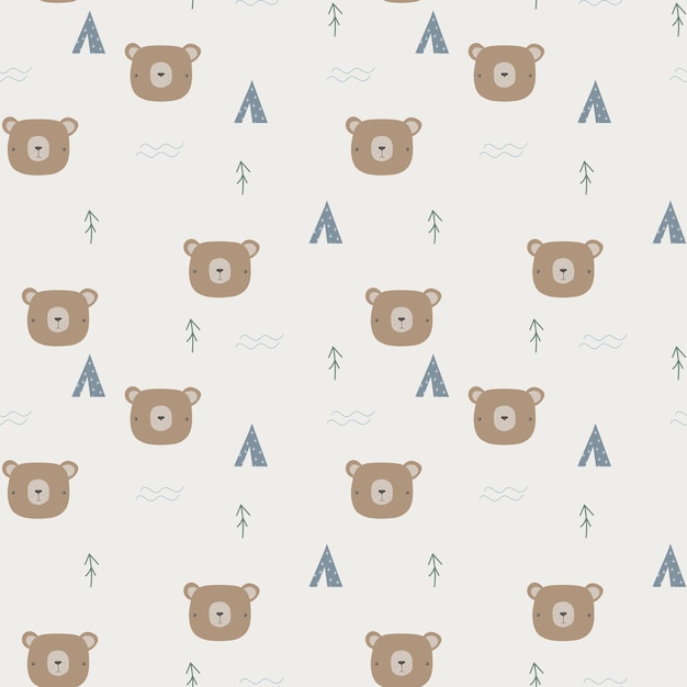 Cute bear seamless pattern hand drawn vector background with bears wigwams and naive pine