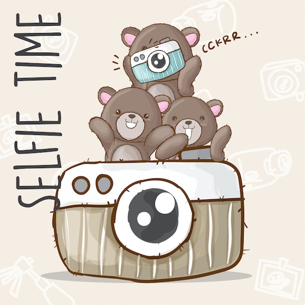 Vector cute bear selfie hand drawn animal