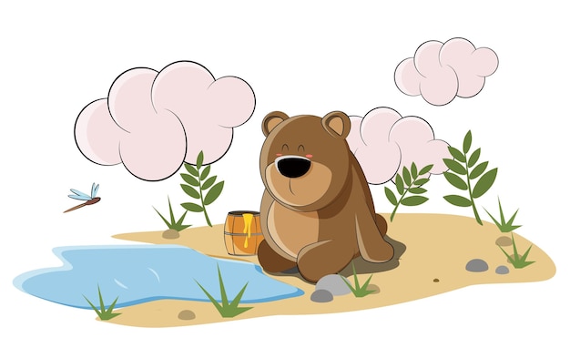 A cute bear sits by the lake and eats honey from his barrel