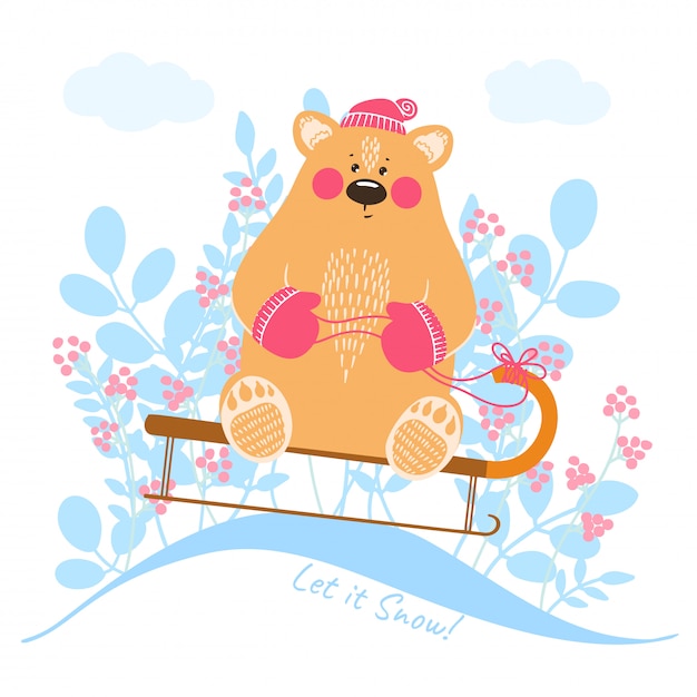 Cute bear on a sled. Winter fairytale landscape.