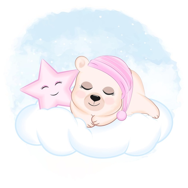 Cute Bear sleeping and star on the cloud animal cartoon illustration