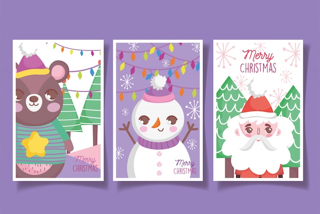 Cute bear snowman santa happy christmas cards