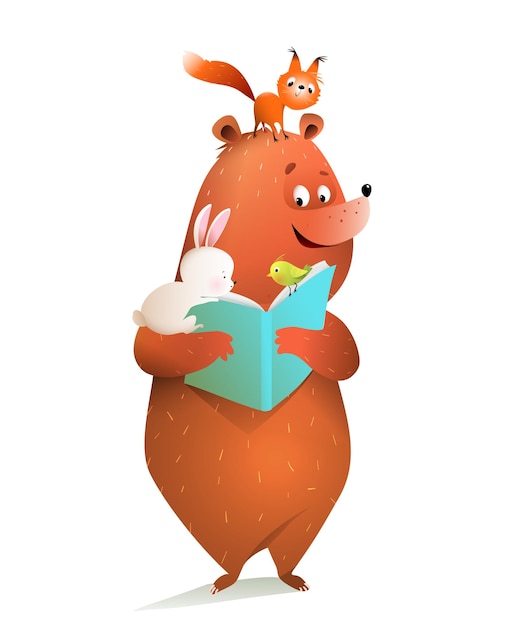 Vector cute bear squirrel and bunny reading book for kids