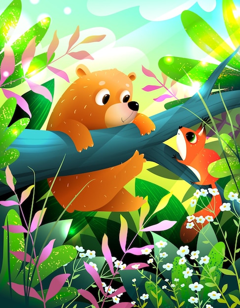 Cute Bear and Squirrel in Forest Woods for Kids