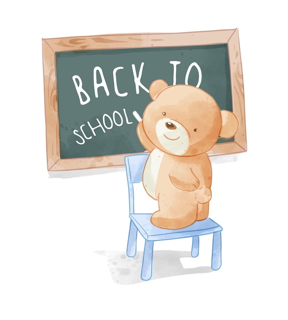 Cute bear standing on a chair with school board illustration