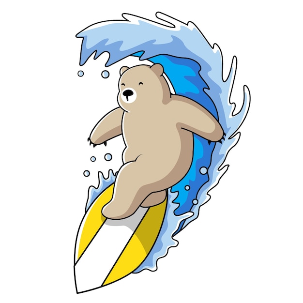 Cute bear surfing wave illustration cartoon