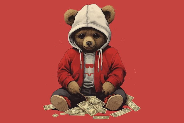 Vector cute bear in sweatsuit and flying cash cool bear toy for postcards posters and prints design fashion slogan and style