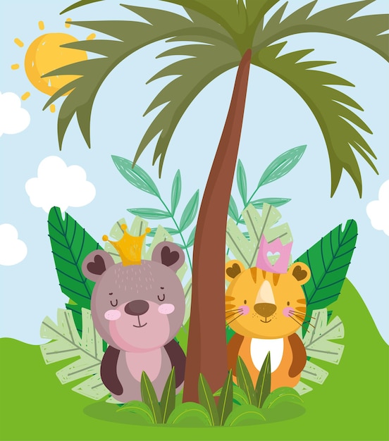 Vector cute bear and tiger