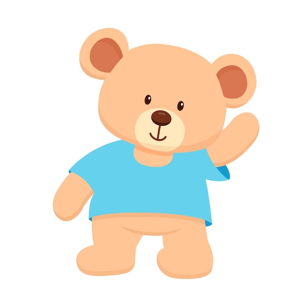 Cute bear toy in blue tshirt is waving Hand drawn flat childish illustration