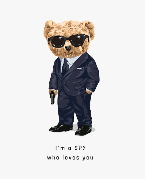 Cute bear toy in spy costume illustration