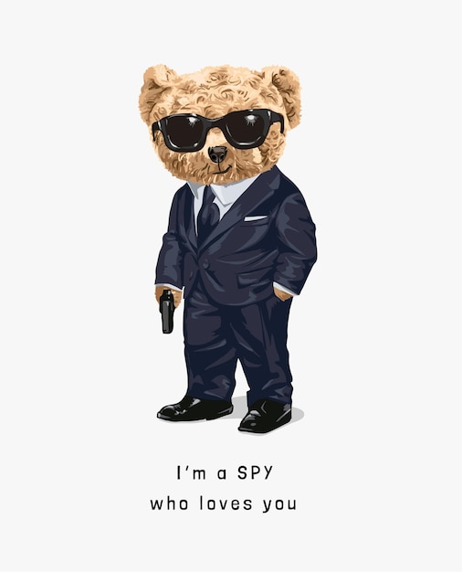 cute bear toy in spy costume illustration