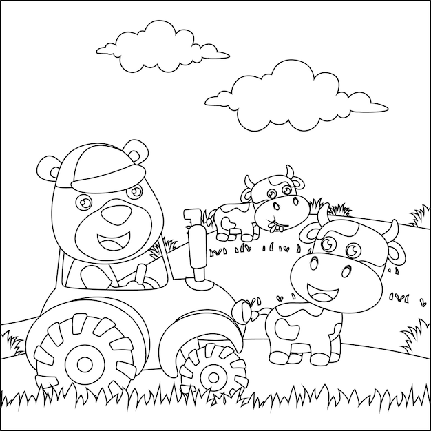 Cute bear and tractor in the farm funny animal cartoon colouring book or page