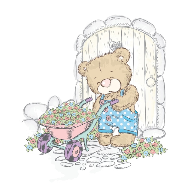 Cute bear and trolley with seedlings. bear in the garden.