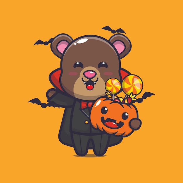 ハロウィーンのカボチャを保持しているかわいいクマの吸血鬼