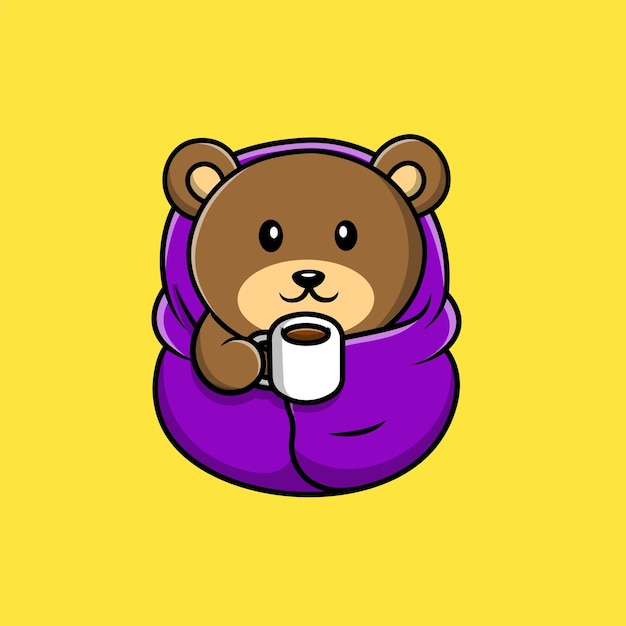 Симпатичный медведь в одеяле и пьет чашку горячего кофе мультфильм векторная икона иллюстрация