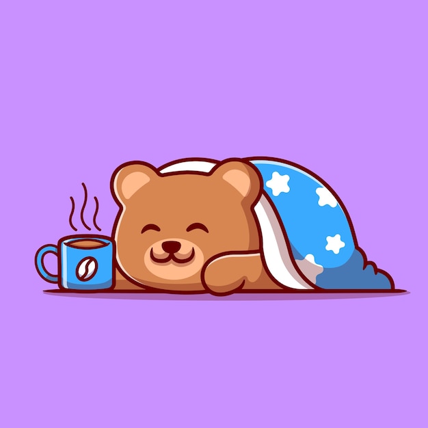 Cute Bear Wearing Blanket With Hot Coffee Cup Cartoon Illustration.