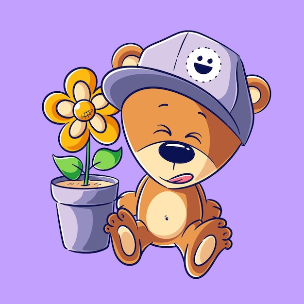 Cute bear wearing a hat sitting beside a flower pot vector illustration