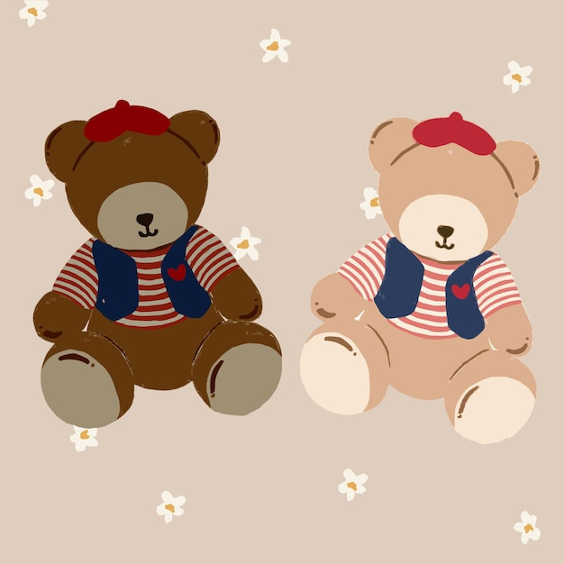 Cute bear wearing hat and stripes clotthes with different color