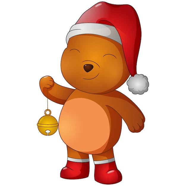 Cute bear wearing santa hat holding round bell