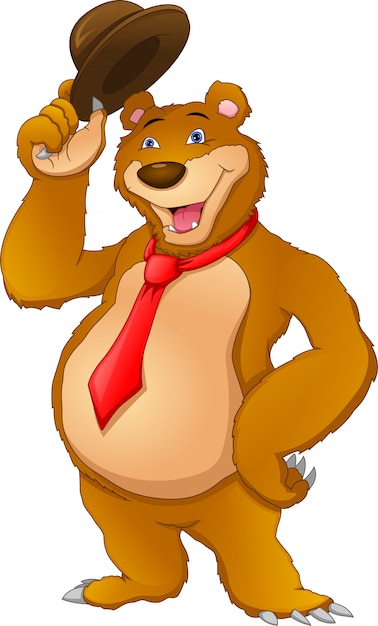 Vector cute bear wearing tie and holding hat