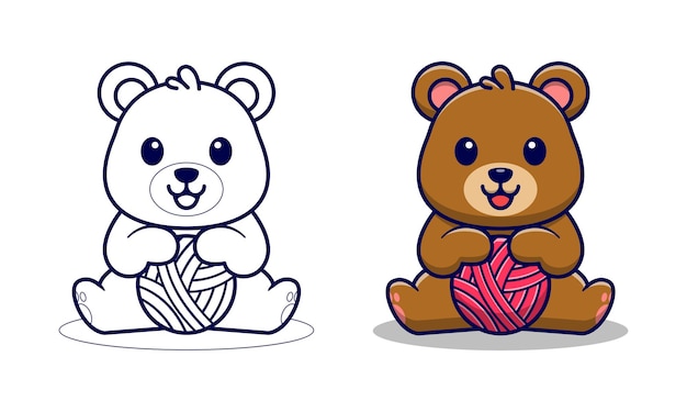 Vector cute bear with ball yarn cartoon coloring pages for kids