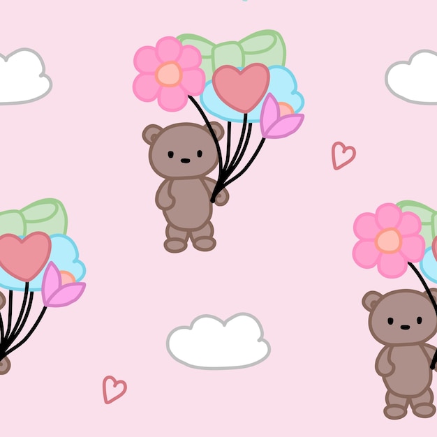 Cute bear with balloons seamless pattern