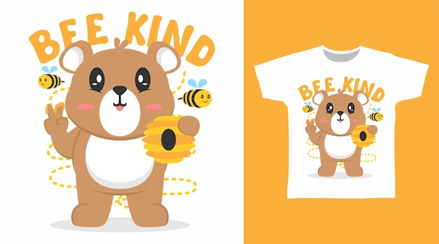 Cute bear with bee cartoon tshirt art design