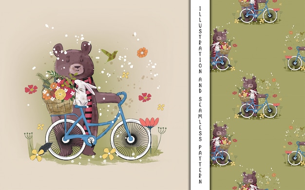 Cute bear with a bike with flowers for kids